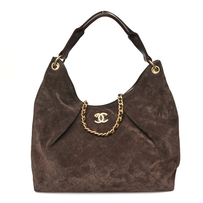 Suede Calfskin Lambskin Quilted Maxi Hobo Dark Brown