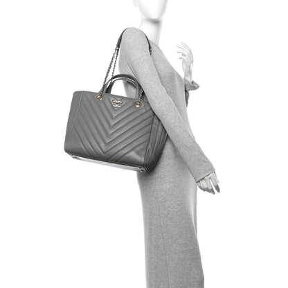 Calfskin Chevron Quilted Statement Shopping Tote Grey