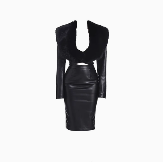 High-grade fur collar coat 2025 large size royal sister style hip-wrapped slit leather skirt suit R1147