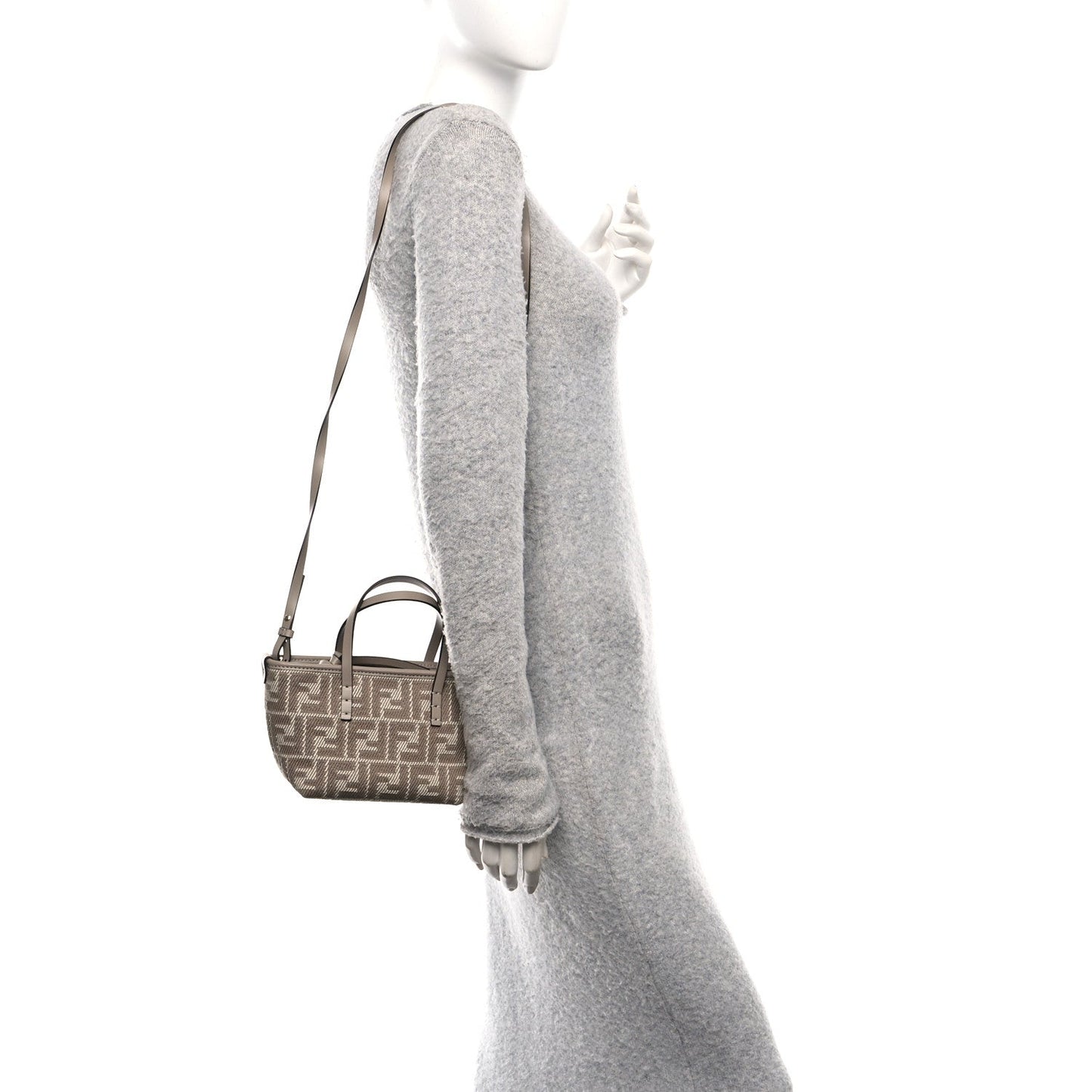 Denim Jacquard FF Effect Vitello Grace Mini Roll Tote Dove White Dove