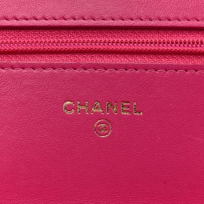 Wool Tweed Lambskin Quilted Chanel 19 Wallet On Chain WOC Fuchsia