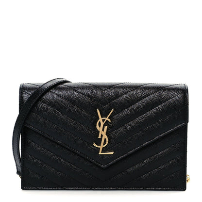 Grain De Poudre Matelasse Chevron Monogram Envelope Chain Wallet Black