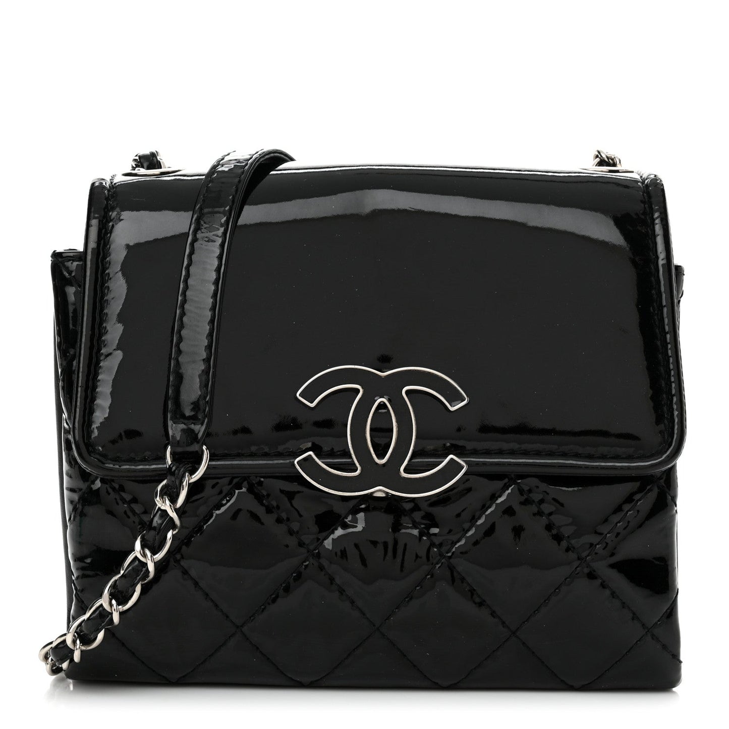 Patent Quilted Hamptons Flap Bag Black