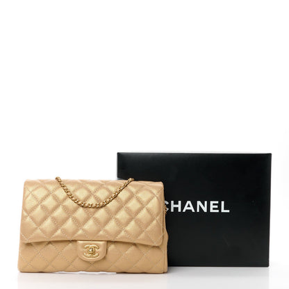 Metallic Caviar Quilted Clutch With Chain Flap Gold