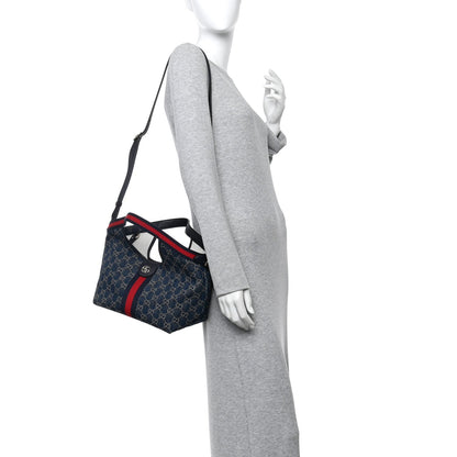 Denim GG Monogram Web Small Giglio Tote Blue White
