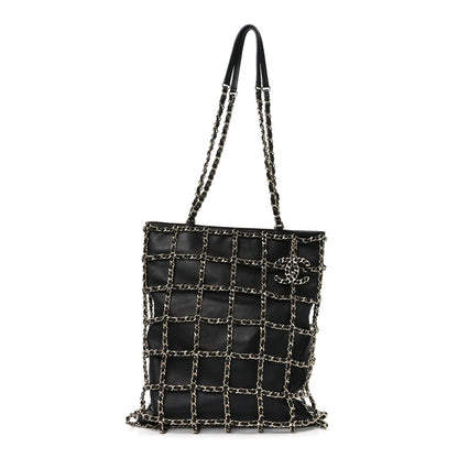 Lambskin Large Shopping Chain Tote Black