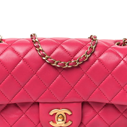 Lambskin Quilted Mini Rectangular Pearl Crush Flap Fuchsia