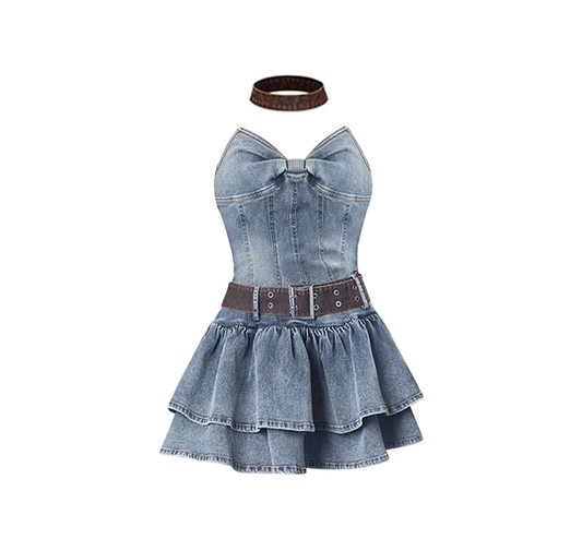 2025 new retro denim sweet and spicy tube top dress slimming puffy skirt one shoulder short skirt R0166