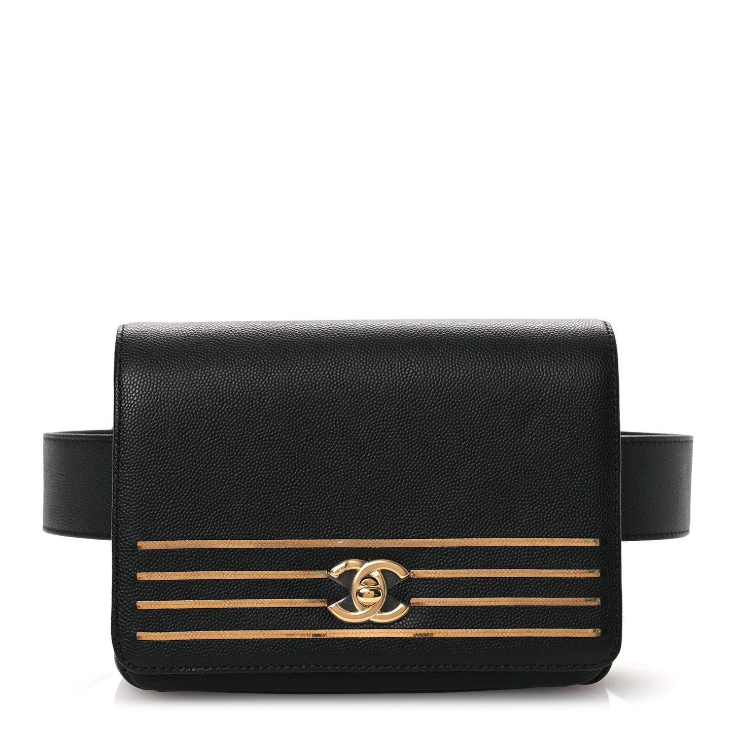 Grained Calfskin Embroidered Captain Gold Belt Bag Black