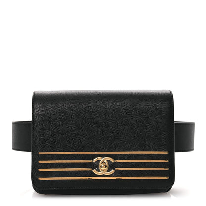 Grained Calfskin Embroidered Captain Gold Belt Bag Black