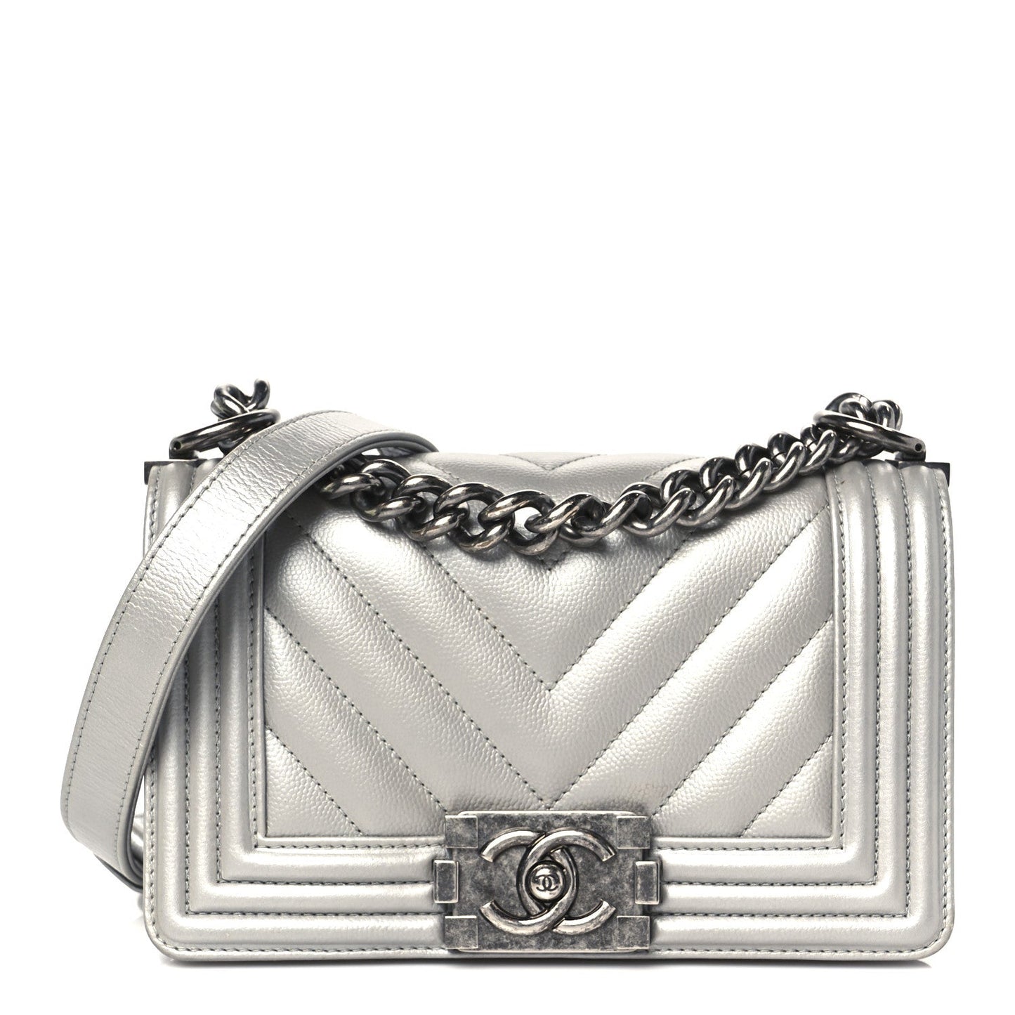 Metallic Caviar Chevron Quilted Small Boy Flap Silver