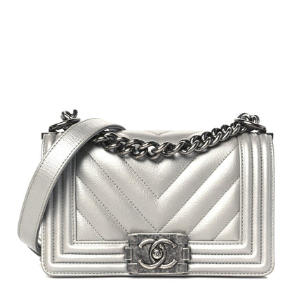 Metallic Caviar Chevron Quilted Small Boy Flap Silver