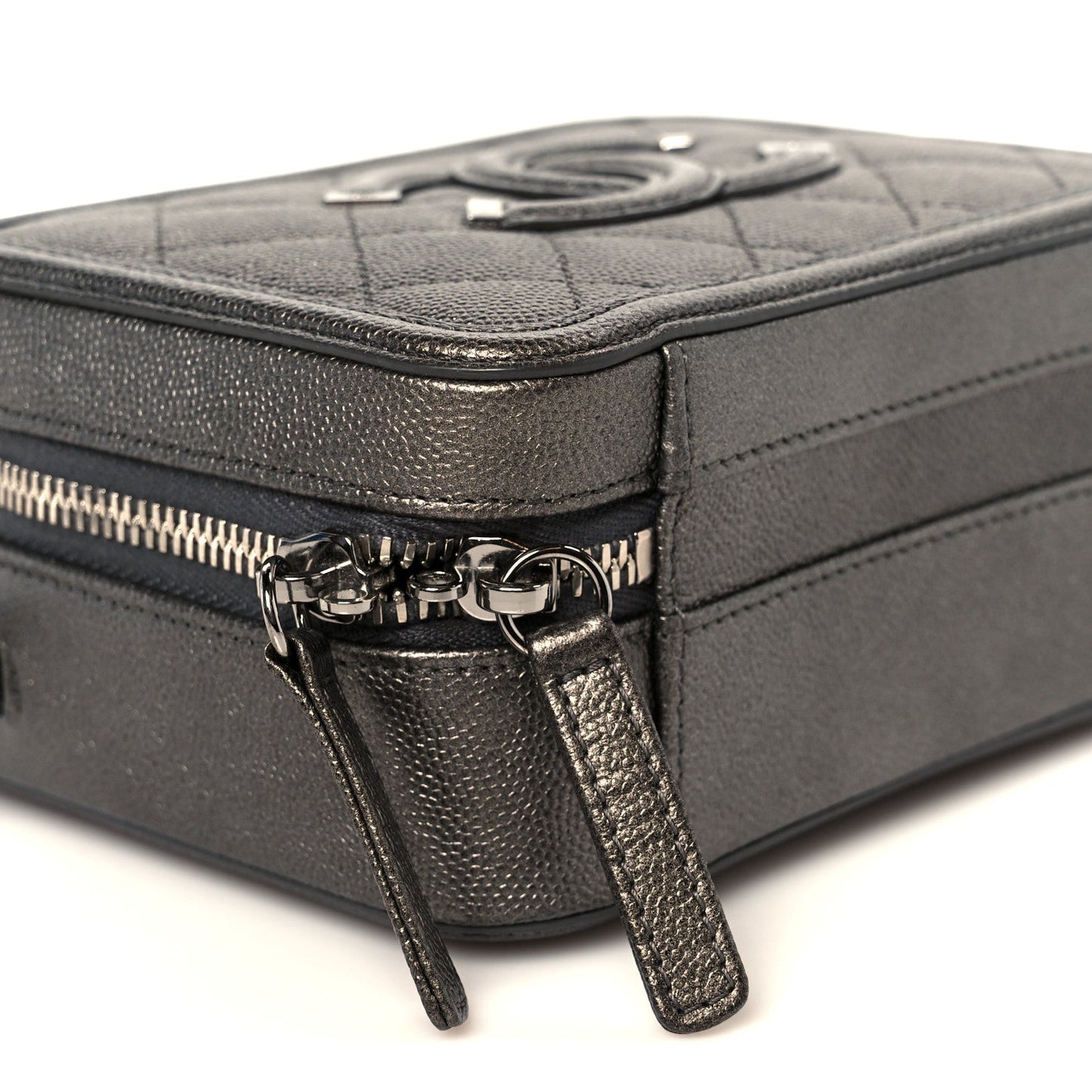 Metallic Caviar Quilted Small CC Filigree Vanity Case Dark Silver