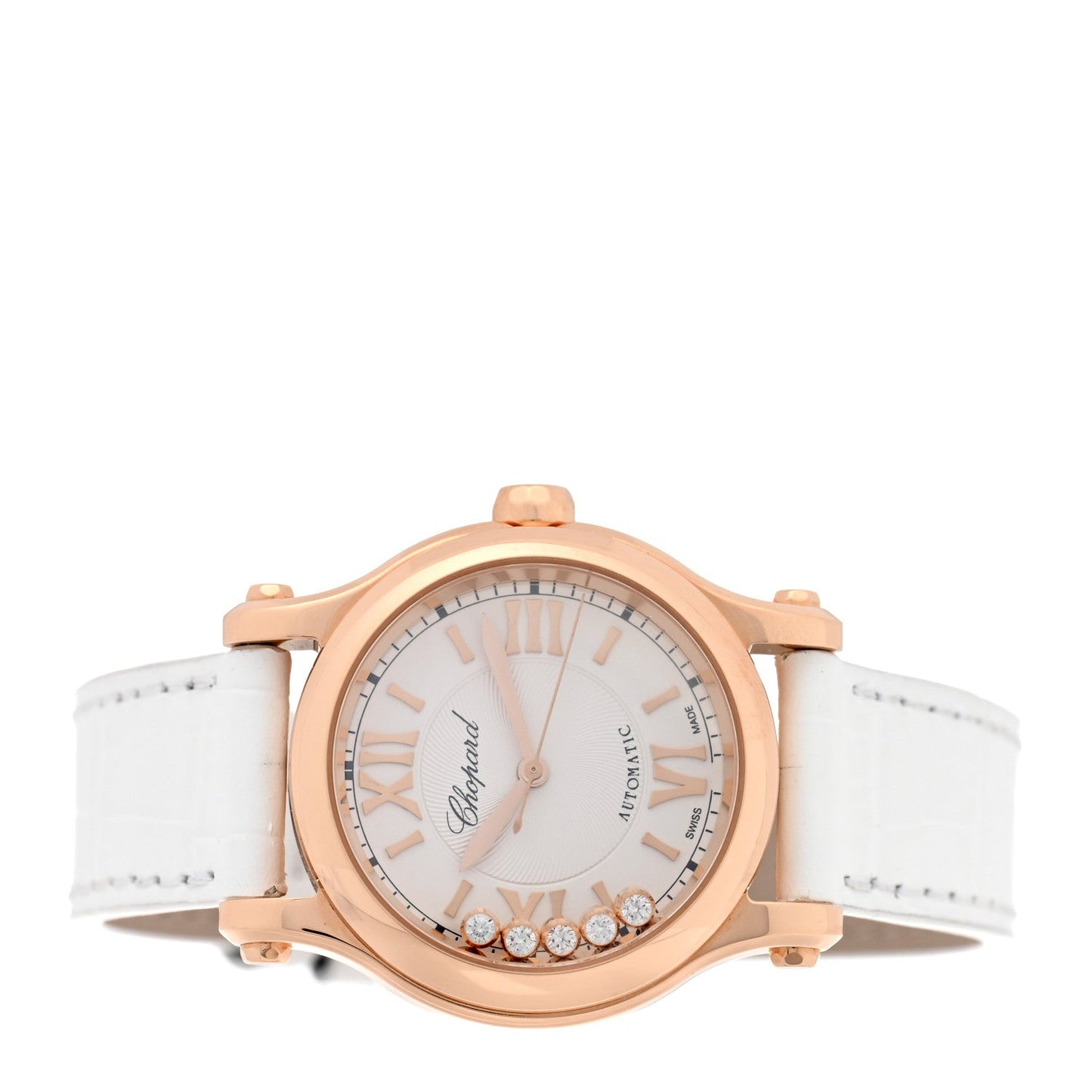 18K Rose Gold Alligator 5 Diamond 30mm Happy Sport Automatic Watch White