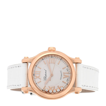 18K Rose Gold Alligator 5 Diamond 30mm Happy Sport Automatic Watch White