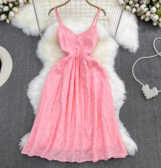 Holiday beach dress gentle retro V-neck waist slimming medium-length A-line embroidered dress R0336