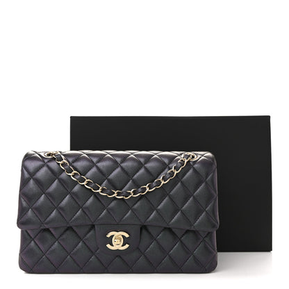 Iridescent Lambskin Quilted Medium Double Flap Black