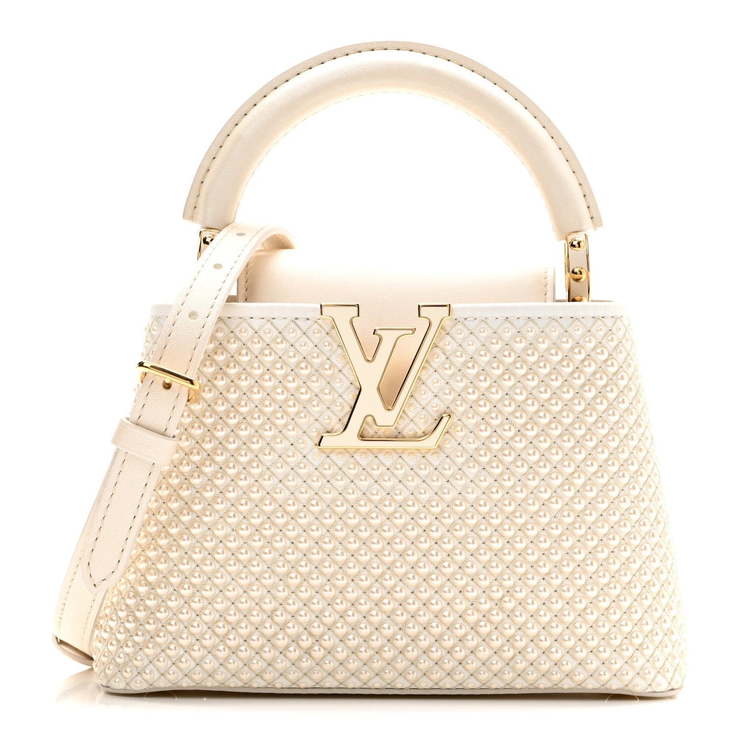 Metallic Calfskin Satin Pearl Embellished Mini Treasure Capucines Cream