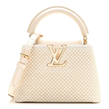 Metallic Calfskin Satin Pearl Embellished Mini Treasure Capucines Cream