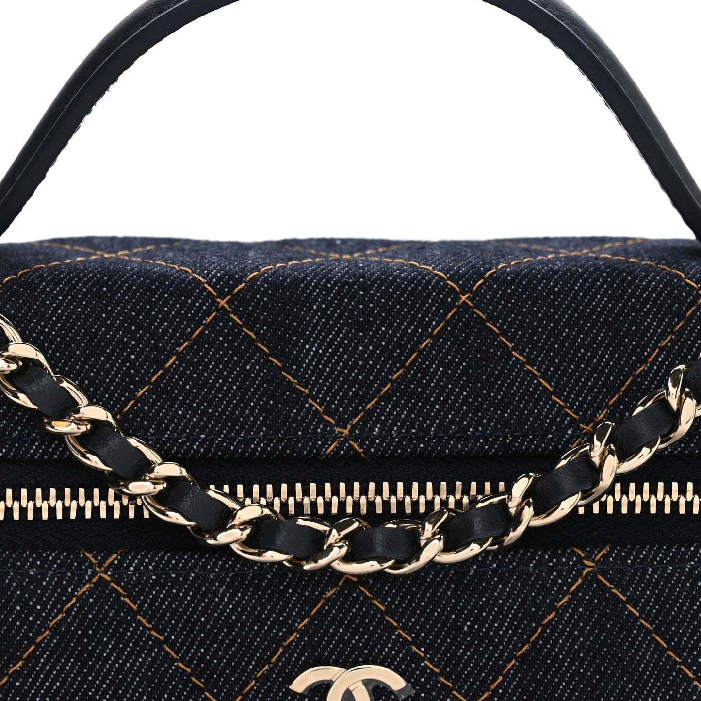 Denim Quilted Top Handle Slim Vanity Case With Chain Dark Blue Orange