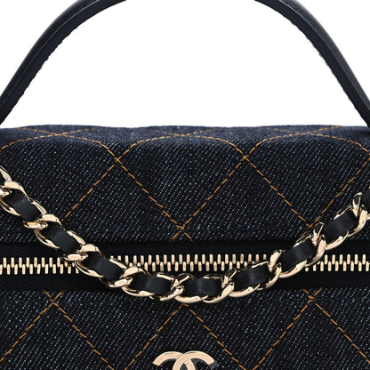 Denim Quilted Top Handle Slim Vanity Case With Chain Dark Blue Orange
