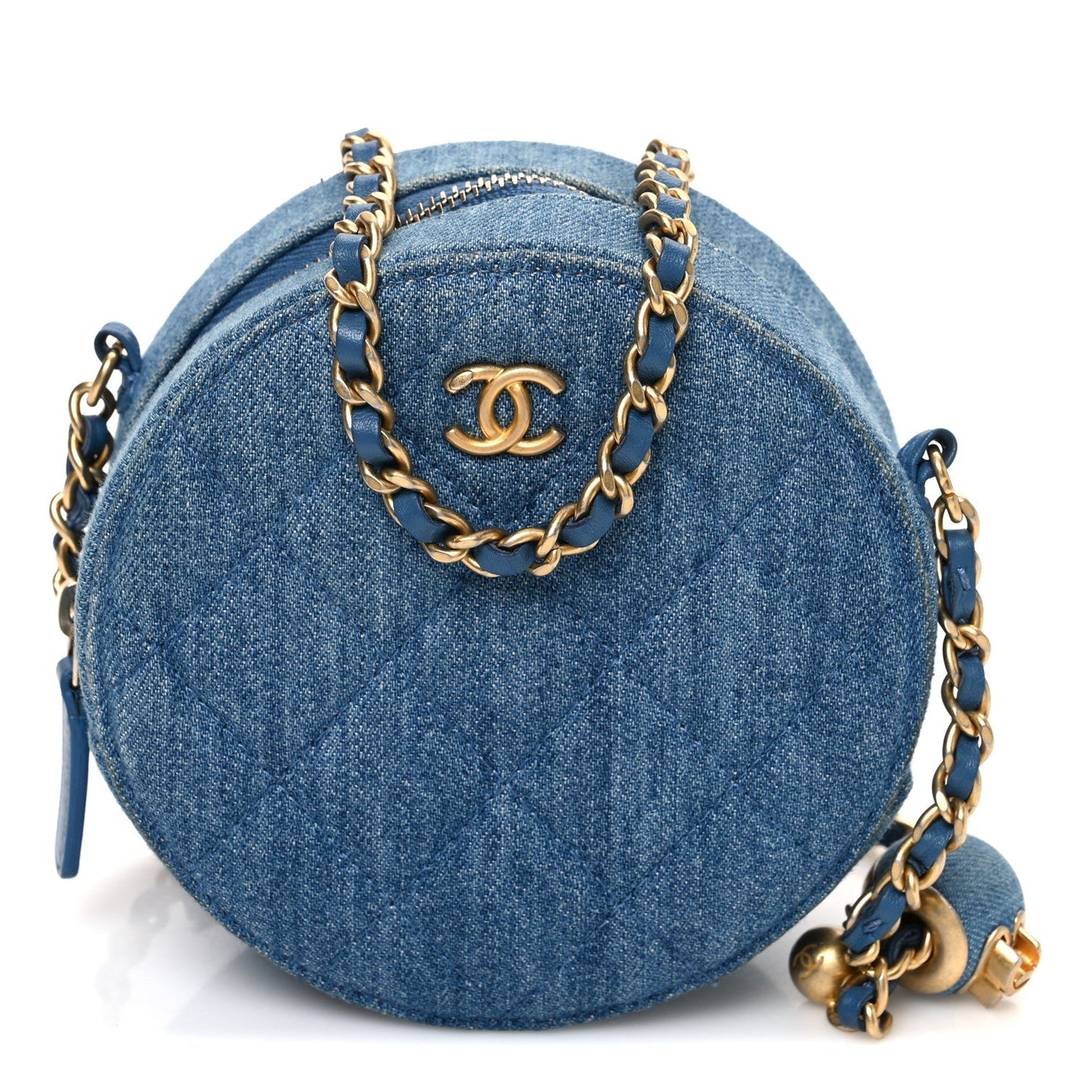 Denim Quilted Round Pearl Crush Clutch With Chain Blue