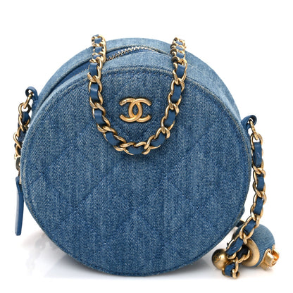 Denim Quilted Round Pearl Crush Clutch With Chain Blue