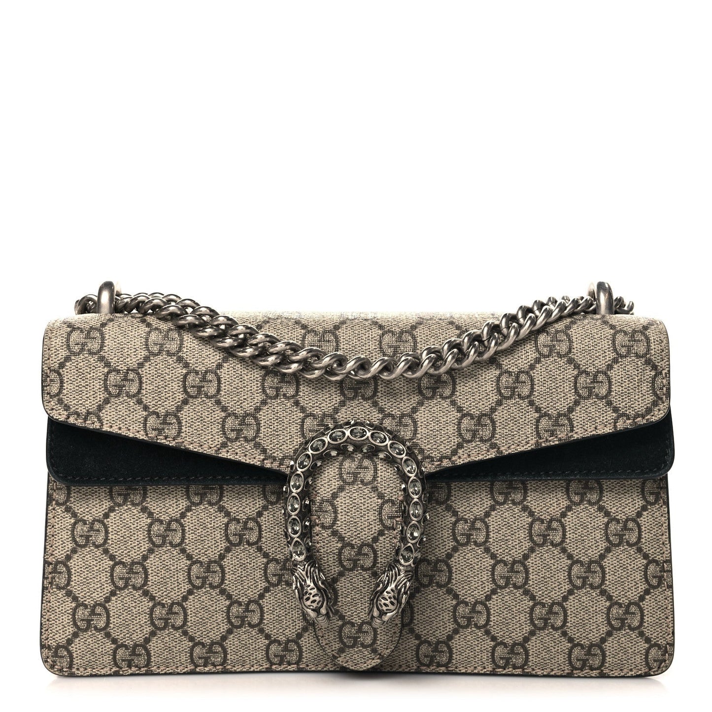 GG Supreme Monogram Suede Crystal Small Dionysus Shoulder Bag Beige Ebony Black