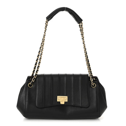 Lambskin Vertical Quilt Small Accordion Flap Black