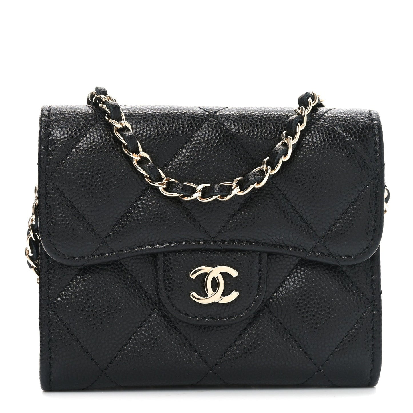 Caviar Quilted Flap Card Holder On Chain Black