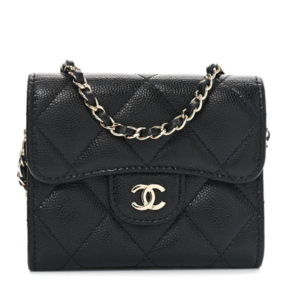 Caviar Quilted Flap Card Holder On Chain Black
