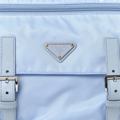 Re-Nylon Vela Saffiano Pocket Double Buckle Messenger Shoulder Bag Celeste