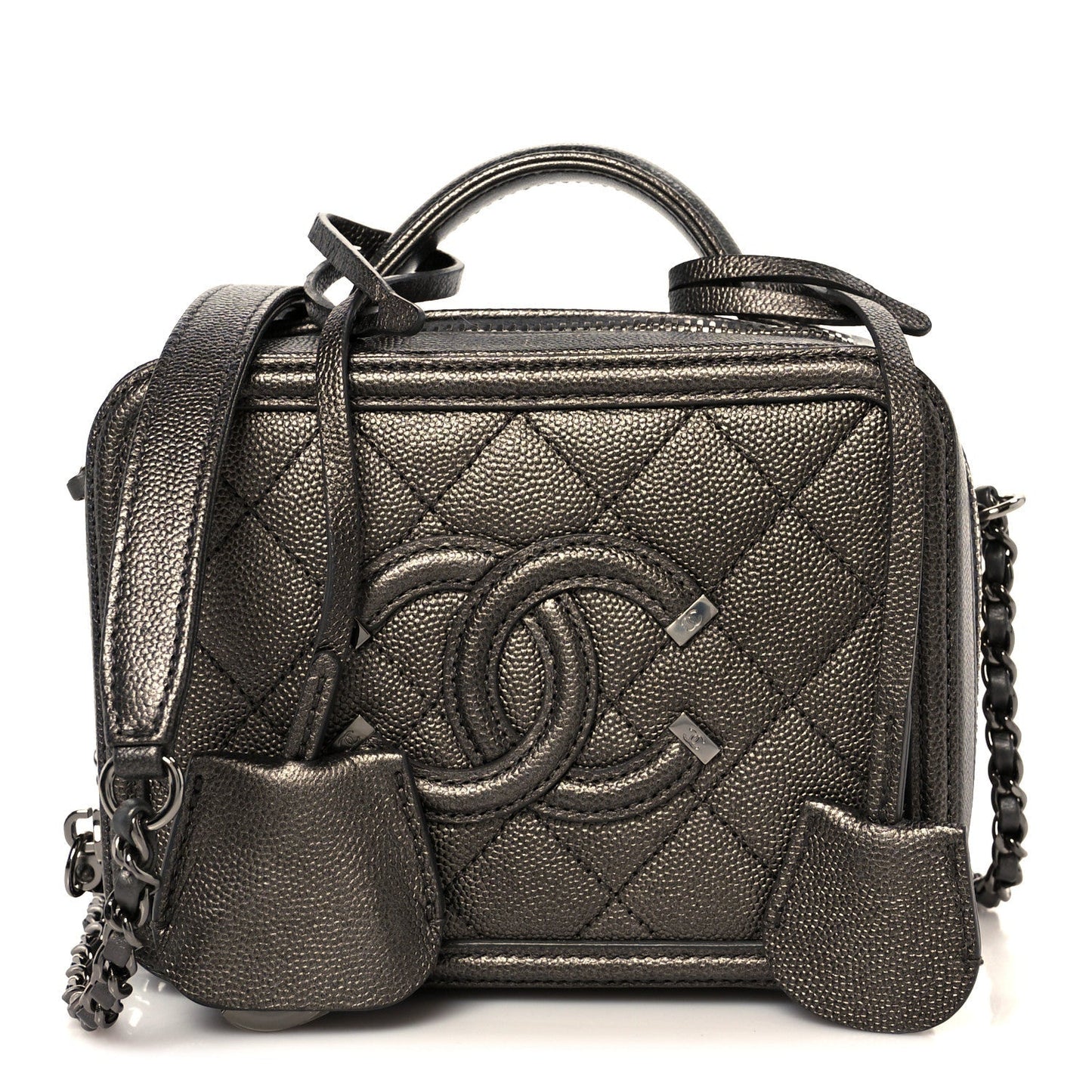 Metallic Caviar Quilted Small CC Filigree Vanity Case Dark Silver