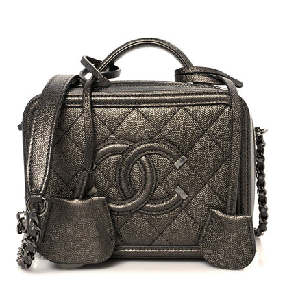 Metallic Caviar Quilted Small CC Filigree Vanity Case Dark Silver