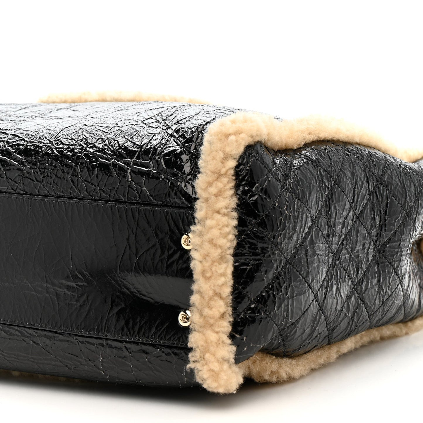 Shiny Crumpled Sheepskin Shearling CC Mania Tote Bag Black Beige