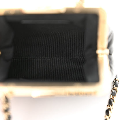 Shiny Aged Lambskin Quilted Kiss Lock Clutch With Chain Black