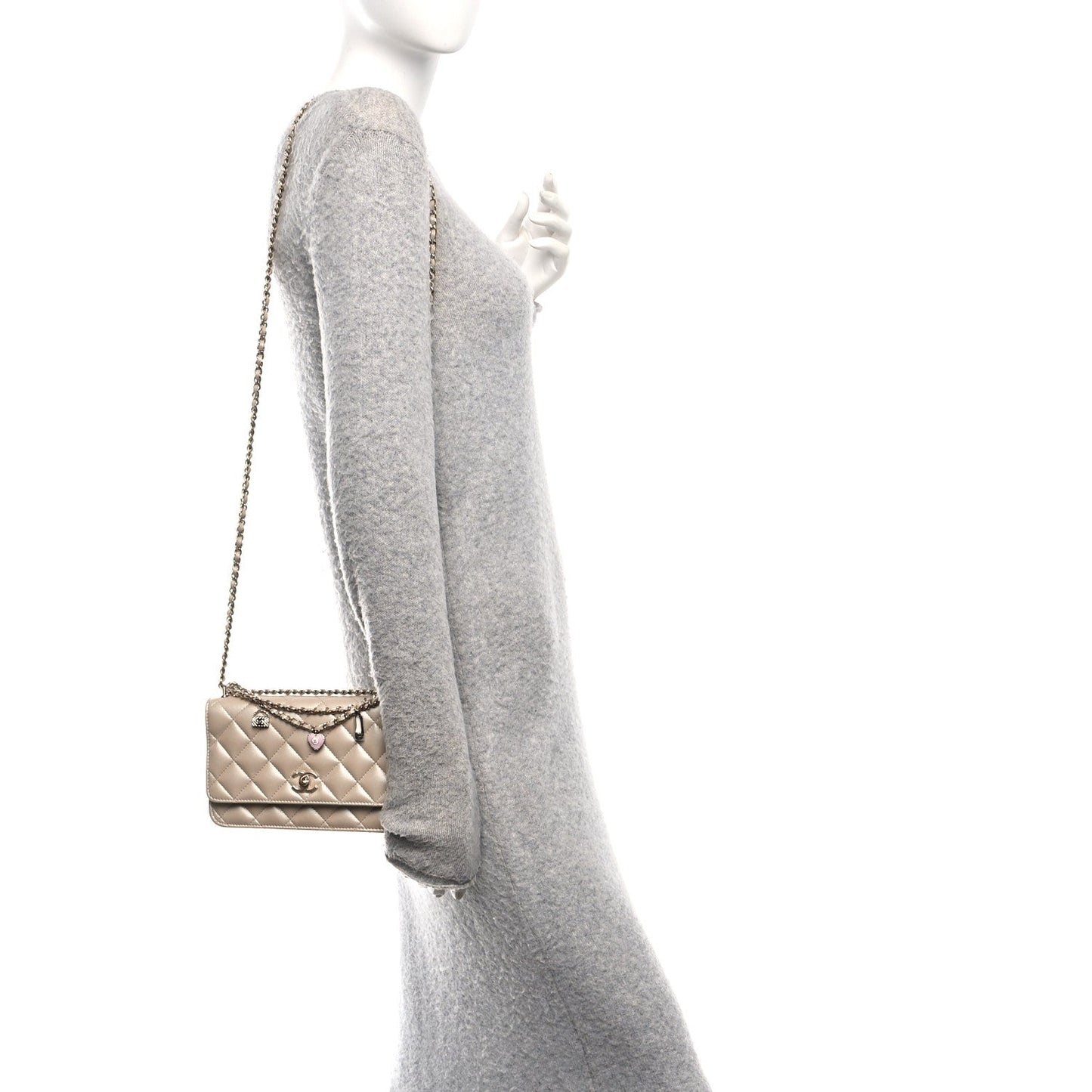 Pearly Lambskin Quilted Charms Wallet On Chain WOC Beige