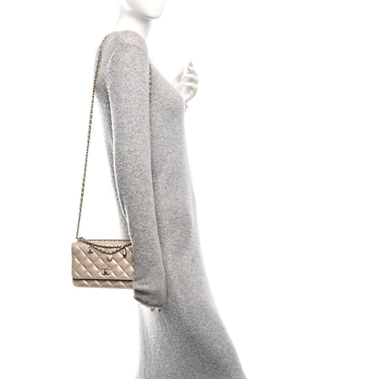 Pearly Lambskin Quilted Charms Wallet On Chain WOC Beige