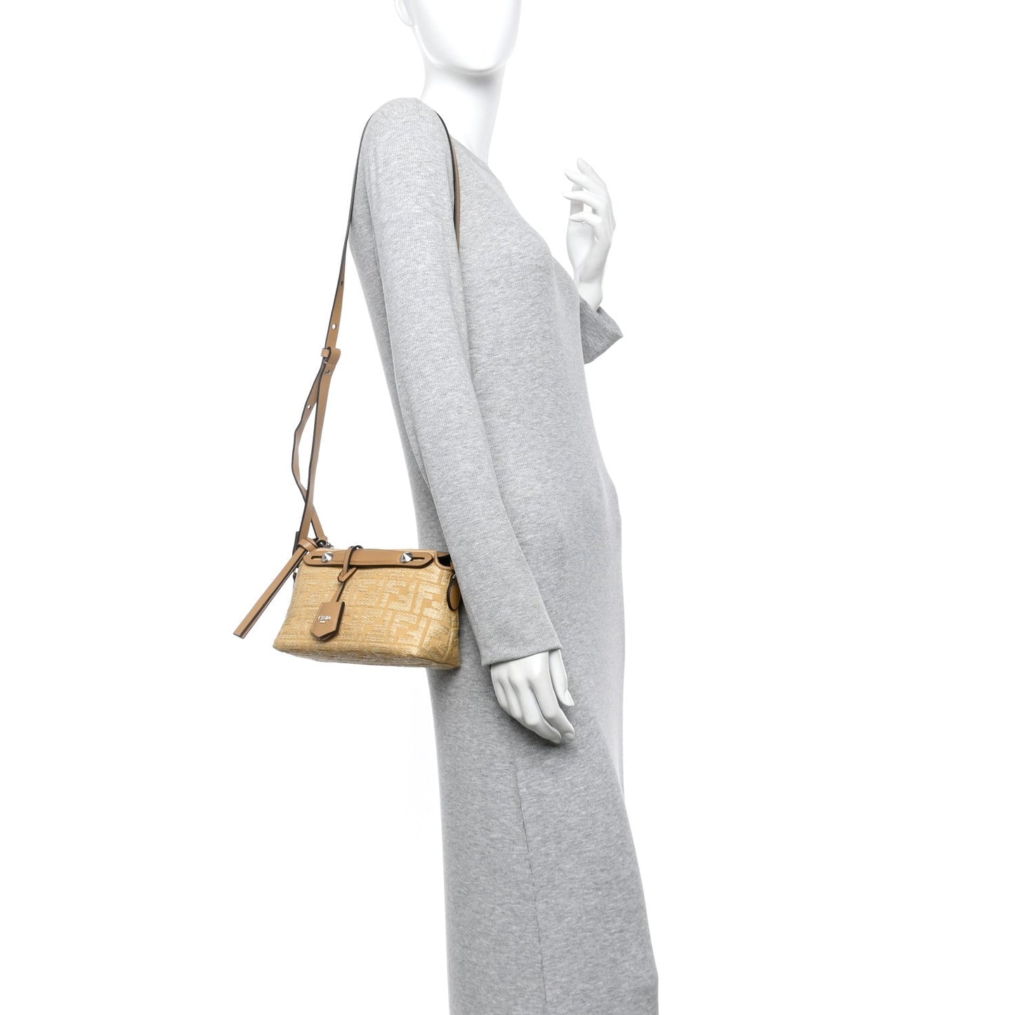 Raffia Jacquard FF 1974 Mini Soft By The Way Boston Bag Beige