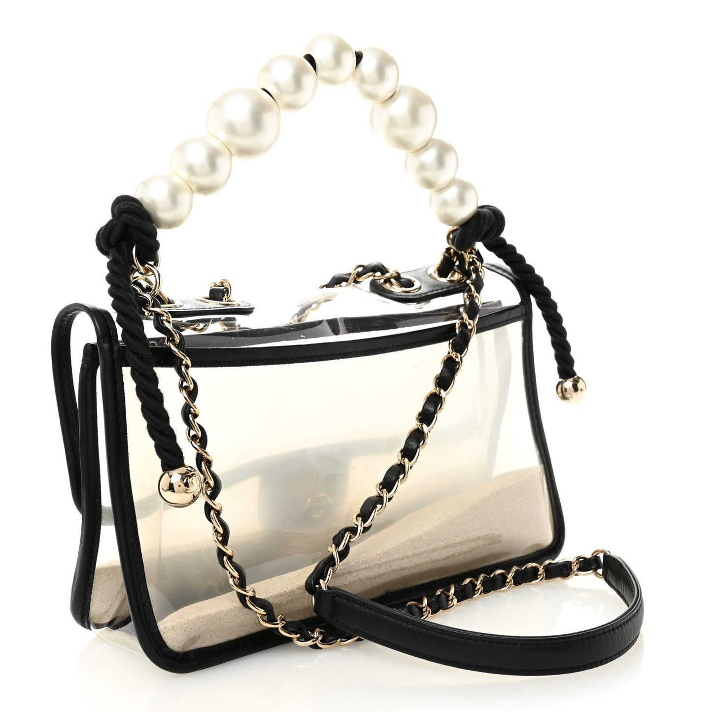 Lambskin PVC Sand By The Sea Flap With Pearl Strap Black