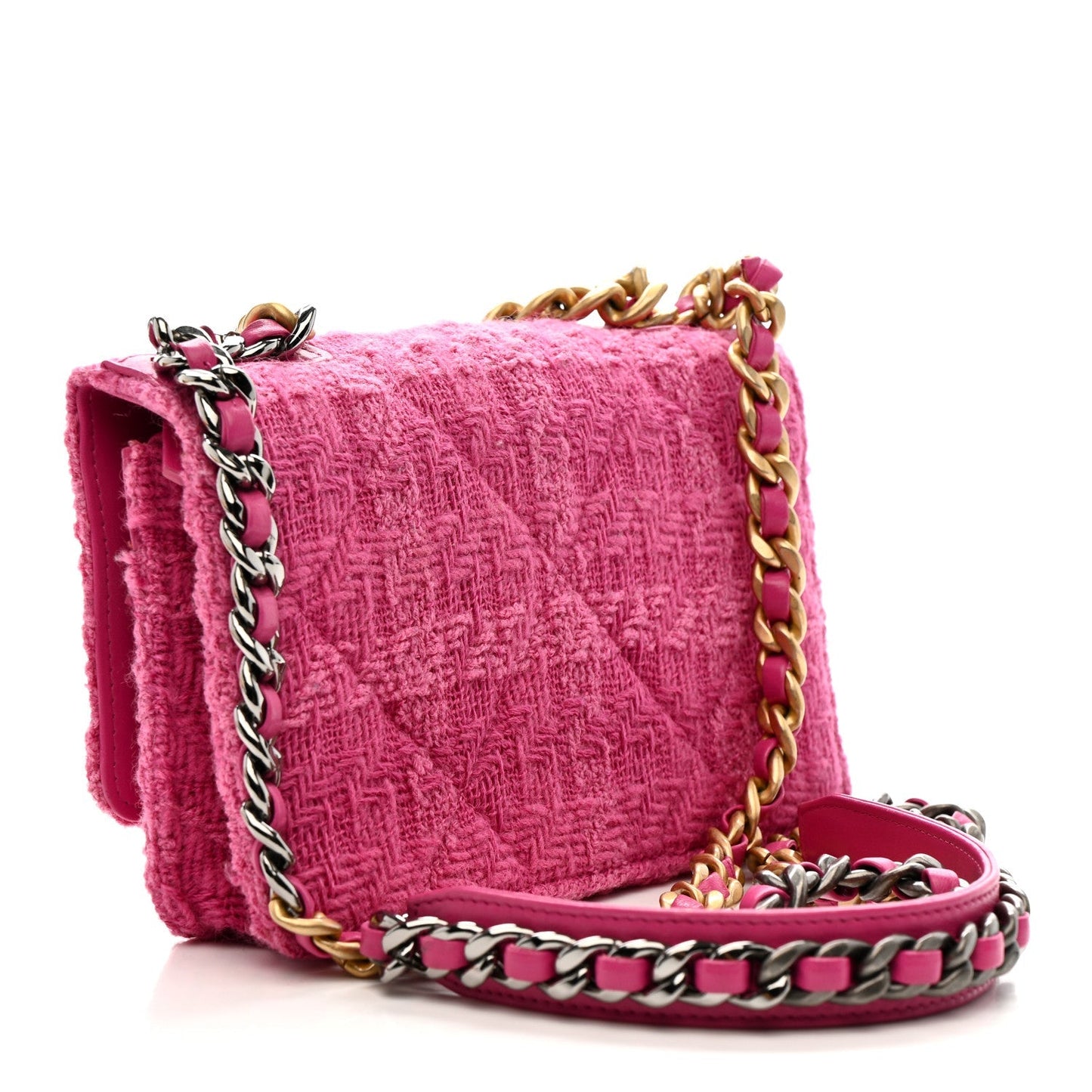 Wool Tweed Lambskin Quilted Chanel 19 Wallet On Chain WOC Fuchsia