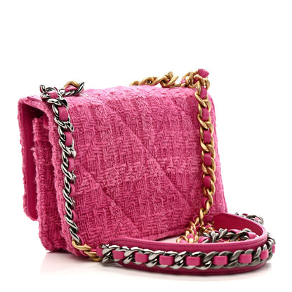 Wool Tweed Lambskin Quilted Chanel 19 Wallet On Chain WOC Fuchsia