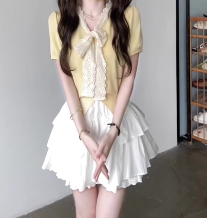 Suit skirt gentle temperament beautiful short-sleeved T-shirt A-line short skirt two-piece suit R0823