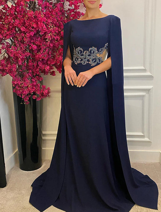 A-Line Evening Gown Elegant Dress Formal Wedding Guest Court Train Sleeveless Jewel Neck Chiffon with Shawl
