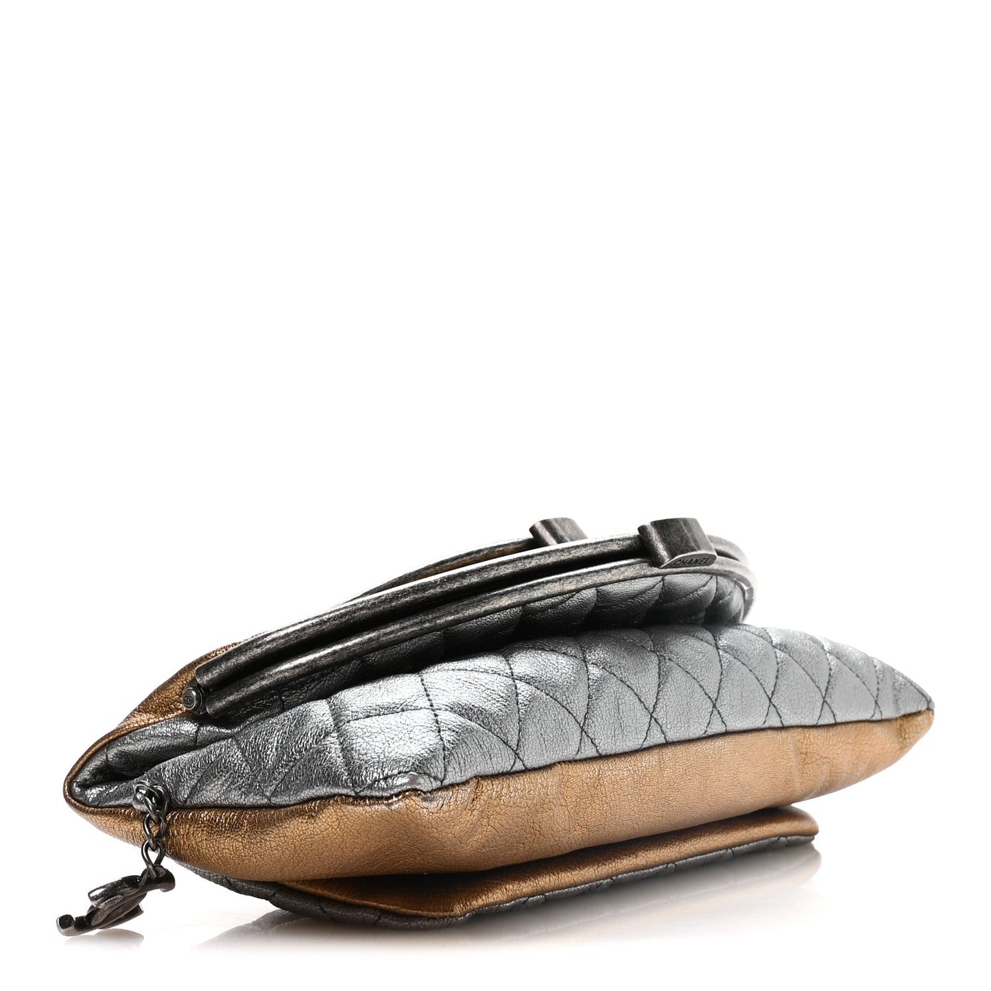 Metallic Goatskin Quilted Frame Clasp Flap Clutch Silver Gold