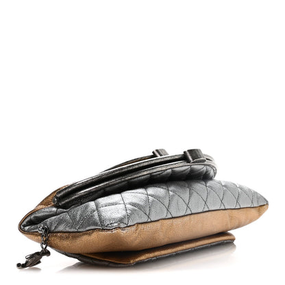Metallic Goatskin Quilted Frame Clasp Flap Clutch Silver Gold