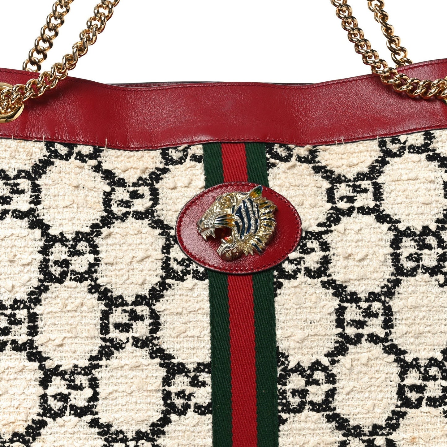 Tweed GG Monogram Large Rajah Chain Tote White Black Romantic Cherry