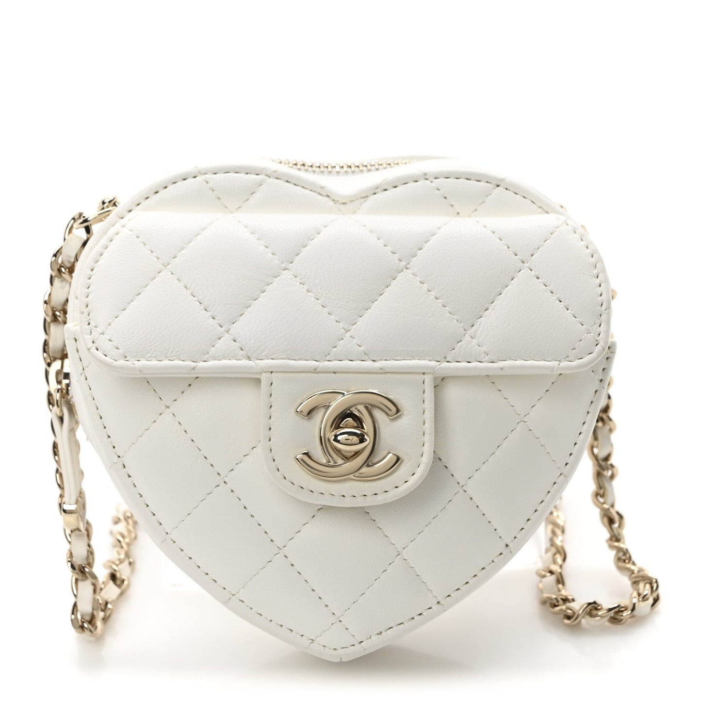 Lambskin Quilted CC In Love Heart Clutch With Chain White