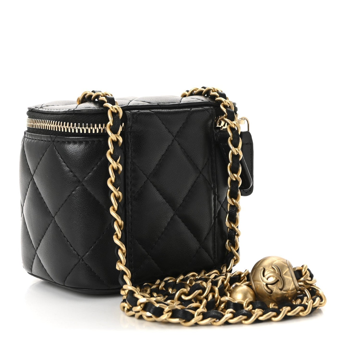 Lambskin Quilted Mini Pearl Crush Vanity Case With Chain Black