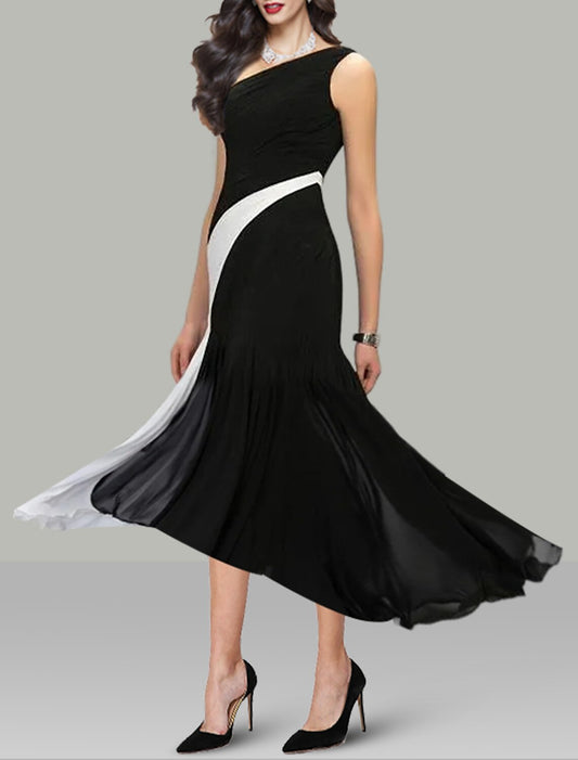 A-Line Cocktail Dresses Black Dress Wedding Guest Holiday Tea Length Sleeveless One Shoulder Chiffon with Ruched
